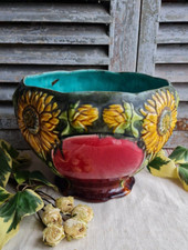 ANCIEN  CACHE POT CERAMIQUE EMAILLE  BARBOTINE ORCHIES DECOR TOURNESOLS