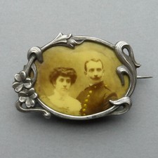French, Antique Silver Photo Brooch. Soldier & Wife. Art Nouveau. WWI 1914 1918.
