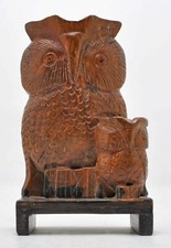 Figurine Statue De Famille De Hibou En Bois Vintage Originale Sculptée À La Main