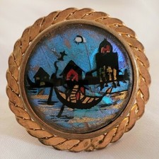 ANCIENNE BROCHE PEINTURE MINIATURE BARQUE MER # BX