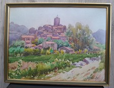 Aquarelle signé Amoretti Gabriel 1865 - 1947 Village perché Provence cadre verre