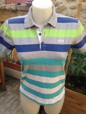 HUGO BOSS polo chemise enfant manche courte coton rayure bleu blancT : 10 ans