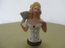 Victorian Young Girl Holding Fan German Pin Cushion Half Doll Good 3-1/2"