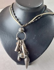 Ancien collier / sautoir, Reminiscence, breloque poisson, en métal argenté