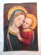 Gravure religieuse ancienne polychrome, La Vierge Marie et l'Enfant Jésus
