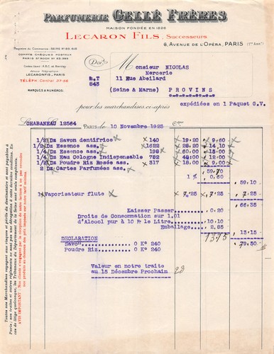 Facture 1923 parfumerie gelle - 1923,