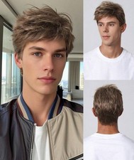 Perruque Homme Courte Brune Lisse Sur Le Côté Synthétique Quotidien Ou Cosplay