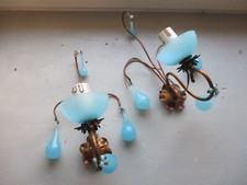 Vintage PAIR SCONCES blue Turquoise OPALINE drops cup beads 1930 MURANO