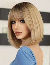 Perruque Synthétique Courte Carré Blond Foncé Or Wig Frange Femme 25cm +4 Bonnet
