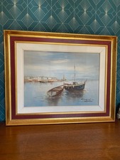 Tableau Marine Huile sur Toile Petit Port Breton Encadré Bois Doré Années 80
