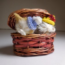 Panier chat figurine miniature vintage déco fait main rotin poil laine N8673