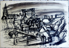 SUPERBE TABLEAU SIGNÉ FRANZ PRIKING FUSAIN STYLE BUFFET IMMENSE FORMAT 110X75 CM