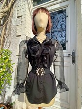 Très Beau Chemisier Vintage Noir à Volants T.38/40