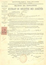 Document ancienne- Extrait du Registre des arrêtés. 1890. Toulouse. 4 pages