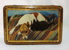 BOITE ANCIENNE TOLE LITHO DECOR CHIEN ET CHAT VINTAGE 