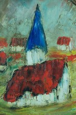 Beau Tableau modern expressionniste D'ANTY paysage Maison toit rouge Peinture