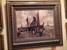 Ancien superbe Tableau marine retour de la pêche déchargement du poisson signé