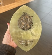 Antique French Holy water Font Green Italian Onyx Marble Mary 1800s 9” brass