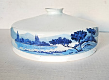 ancienne suspension abat jour opaline et perles décor paysage bleu peint 24cm