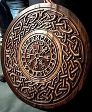Bouclier viking nordique 24" sculpture médiévale en bois ornement celtique ro...