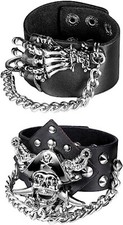 Expédié de Paris - Deux Bracelets Pirate Noir Pics Clous Crane Gothique Punk