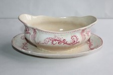 Saucière à plateau ancienne en faïence de Longwy décor " Saint Cloud rose " 