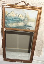 MIROIR  BISEAUTE TRUMEAU SUR CADRE BOIS PATINE DORE A RESTAURER AVEC LITHO