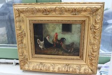 TABLEAU HUILE SUR PANNEAU  POULES ET COQ SIGNATURE ILLISIBLE ?