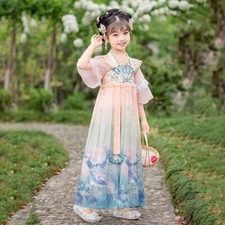 Chinois Enfants Fille Robe Mousseline Brodé Floral Dentelle Bord Perlé Ethnique