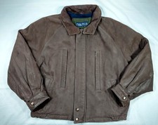 Nautica Mens Vintage Brown Heavy Leather Bomber Jacket with Stow Away Hood Sz 46