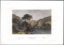 1835 Gravure aquarellée Vallée de Tempé Grèce Tempi Mont Olympe Paysage