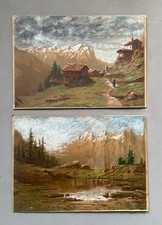 Paire de chromolithographies rehaussées au crayon gras, Paysages de montagne