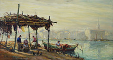 HURARD Joseph (1887-1956)« Pêcheurs au canal à Martigues » Provence Avignon
