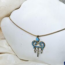 Collier Pendentif Couronne 60's Laiton Pate Verre Turquoise Strass Chaine Dorée