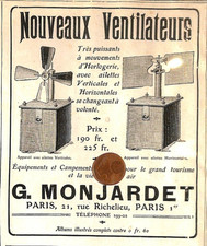 PARIS ( I° ) G. MONJARDET / NOUVEAUX VENTILATEURS / PUBLICITÉ 1905
