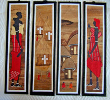 LOT de 4 PLAQUES Peinture sur FEUILLES de BANANIER Thème Ethnique Art Populaire