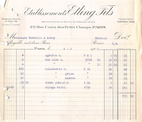 Facture 1927 ets etling - facture, fils
