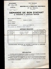 VICHY / ETAT FRANCAIS (03) Demande de BON d'ACHAT VETEMENTS & TEXTILES 1940-1944
