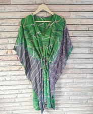 Robe Crépe Tunique Kaftan Midi Caftan Femme Couverture Imprimée Verte KFNM1316