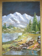 ANCIENNE PEINTURE HUILE PAYSAGE DE MONTAGNE DE NUIT AVEC RUISSEAU