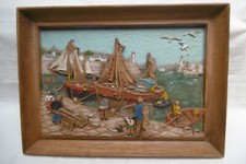 cadre scène de port de pêche breton, pêcheurs,  SIC peint , Jura, 1960 (BM64)