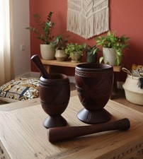 Magnifique Lot de Mortiers Pilons Sculptés Bois Exotique | Style Ethnique 