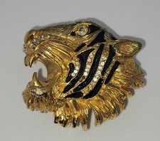 Boucle de ceinture vintage tête de tigre dorée – strass & émail noir #M# K31