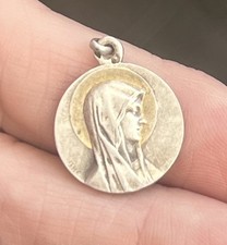 French Mary Sterling Silver ⅝” Medal Pendant Antique 14K Gold Accents Lourdes