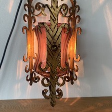 Suspension Lanterne Fer Forge Doré À La Feuille Et Abat Jour Verre Violet