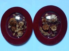 Lot de 2 anciens cadres médaillon verre bombé fleurs séchées déco kitsch vintage