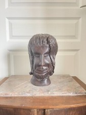 Ancien Sculpture Tête Buste Jésus Christ en Bois Vernis Fait Main 28cm