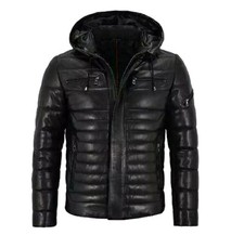 Veste homme en cuir véritable 100 % peau souple à capuche noire entièrement...