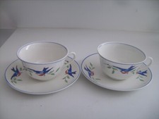 Duo de 2 tasses+sous-tasses en faïence anglaise WH Grindley décor oiseaux bleus