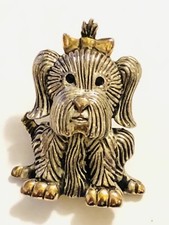Silver & Gold Tone Yorkshire Terrier Bow Pin Brooch Pendant Yorkie Puppy Dog